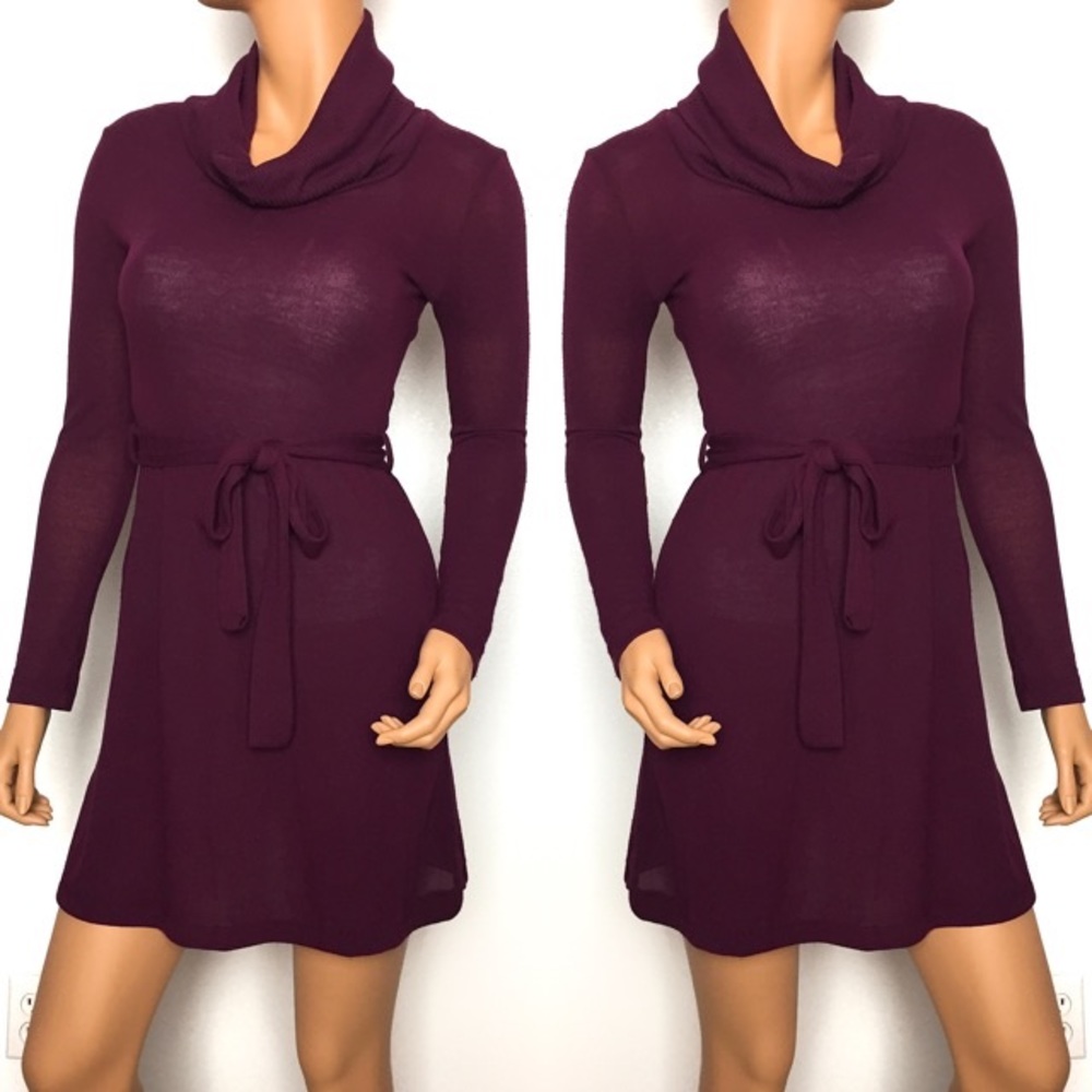 Burgundy Purple Cowl Neck Sweater Tunic Dress